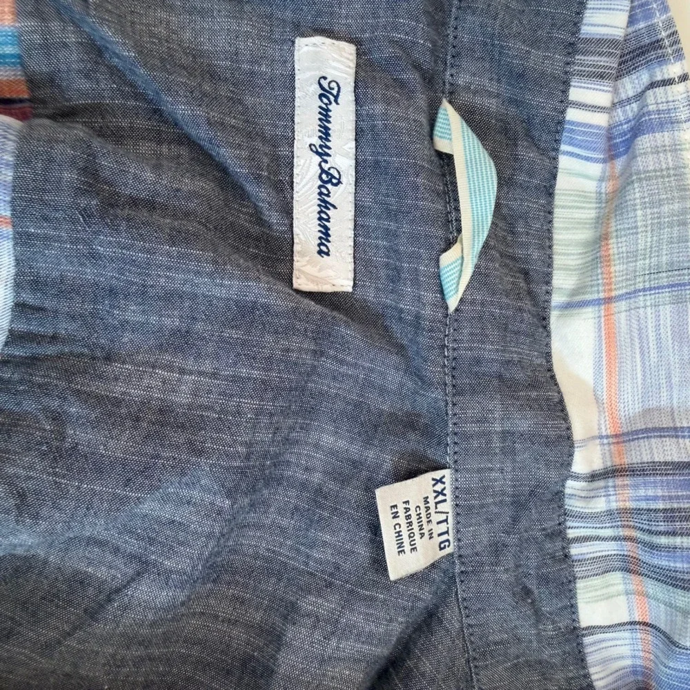 Tommy Bahama Men XXL Blue Orange Plaid Cotton Tencel Long Sleeve Button Up Shirt
